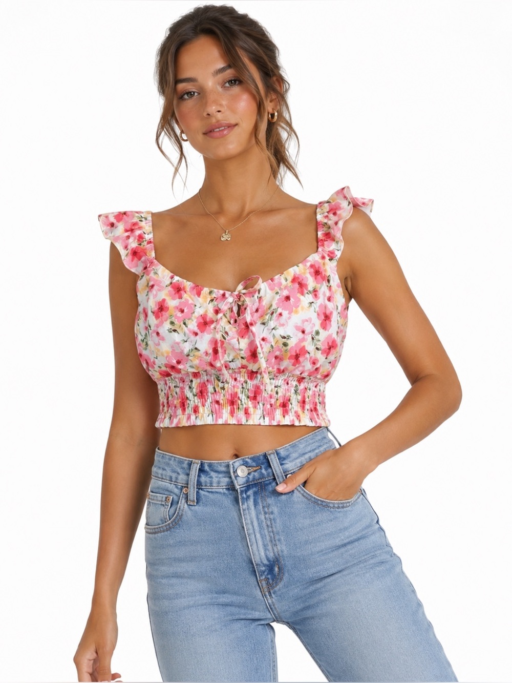 Story On Y2K Floral Tie Front Crop Top Pink Coquette Mall Girl Cottagecore M